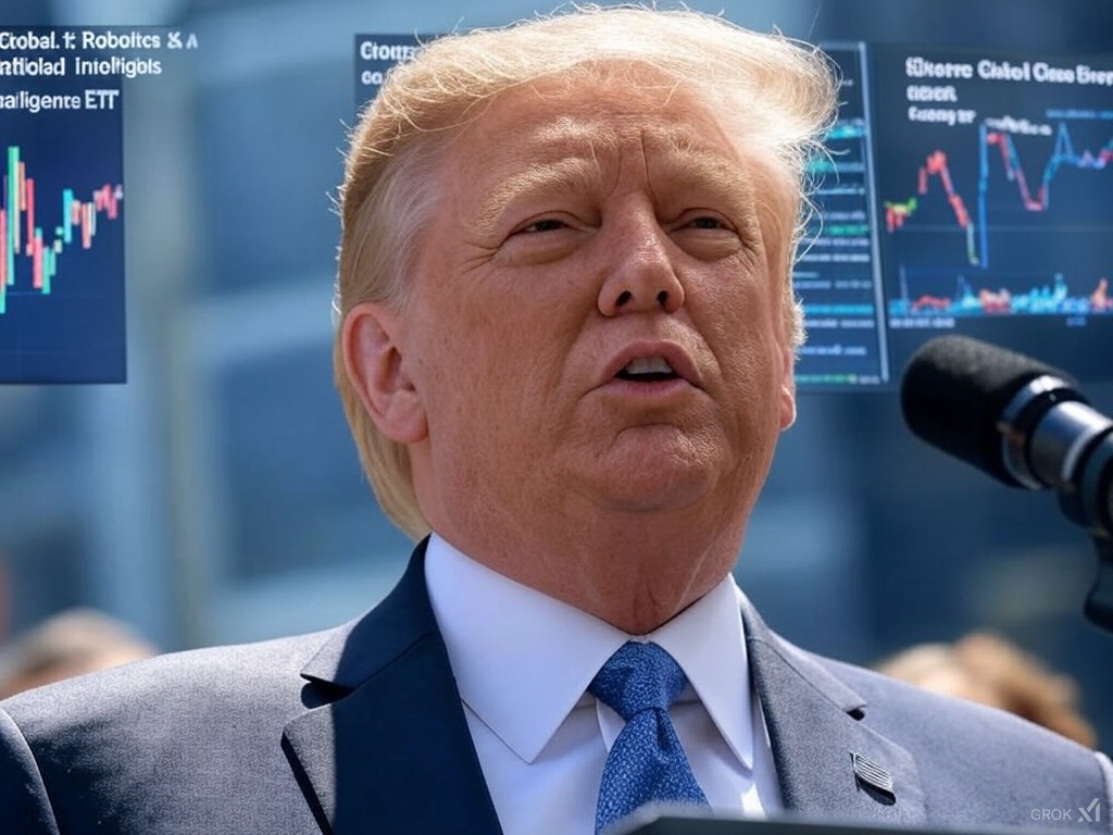 Donald Trump przemawia - w tle wykresy giełdowe kryptowaluty